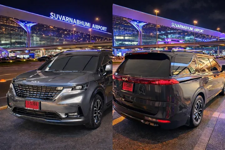 Kia Carnival EX สีเทา ด้านหน้าและด้านหลัง ที่สนามบินสุวรรณภูมิ