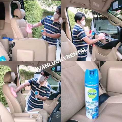 พนักงานฉีดสเปรย์ Dettol และเช็ดทำความสะอาดเบาะและประตูรถตู้